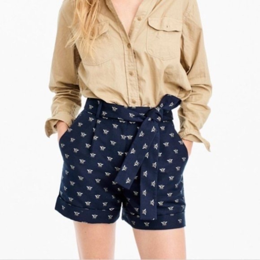 J.Crew High Rise Tie Waist Bumble Bees Embroidered Shorts